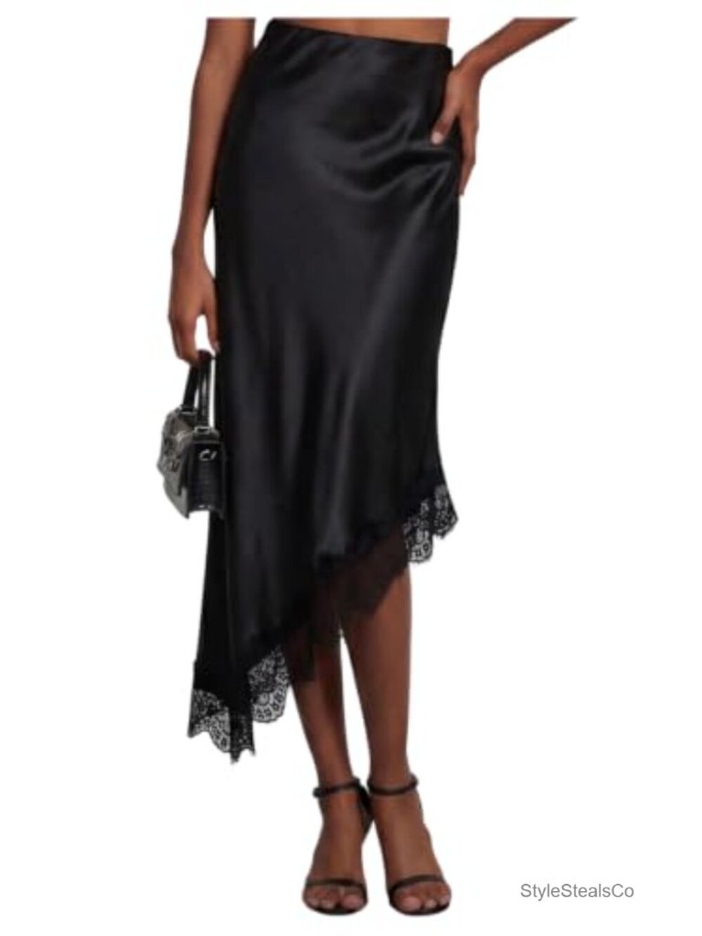 Silk Satin Midi Skirt High Waist Asymmetrical Lace Hem Work Party